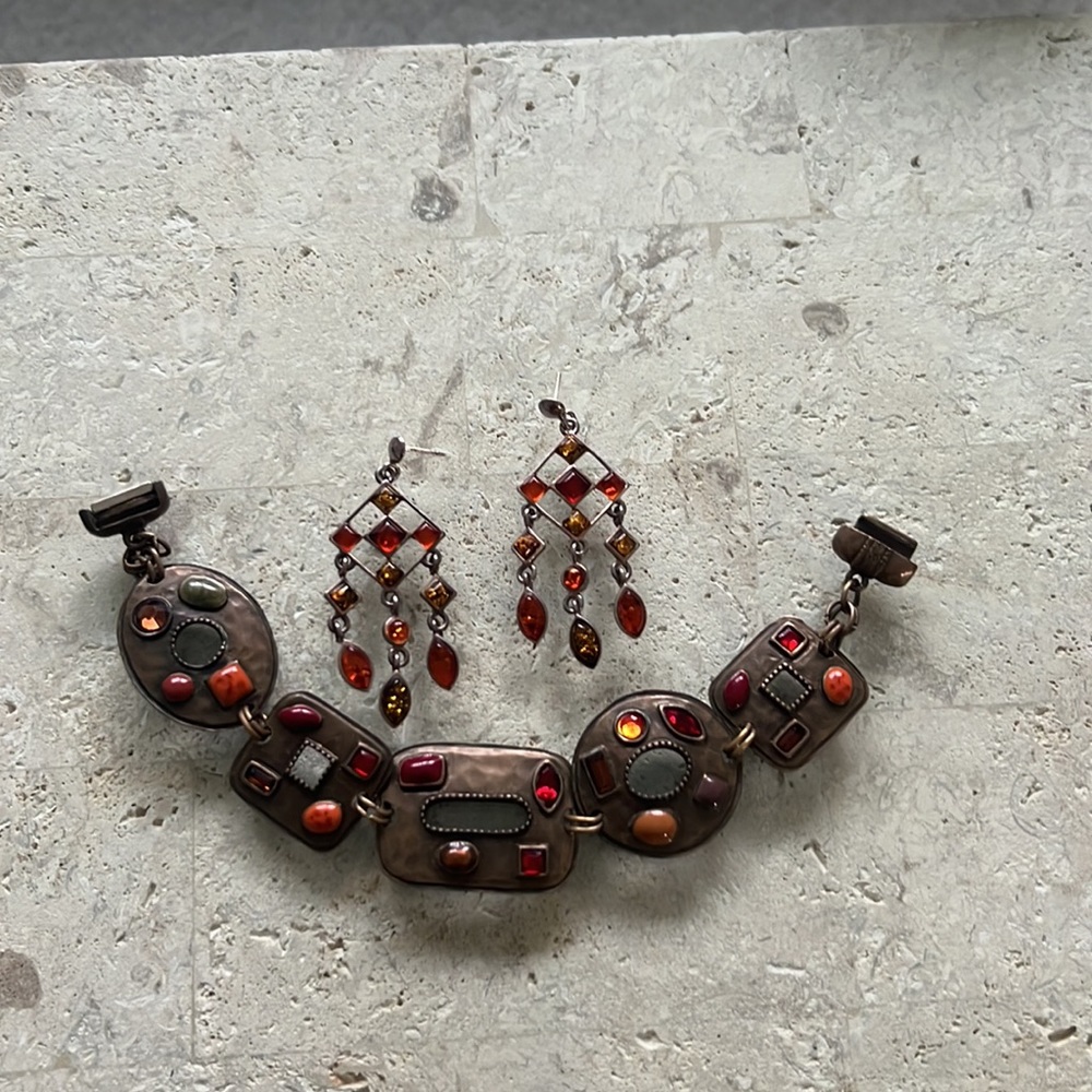 Chicos coppery bracelet with matching chandelier earrings